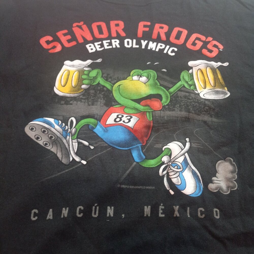 Senor Frogs Mens Large Black Graphic T-Shirt  Beer Olympic Cancun Mexico